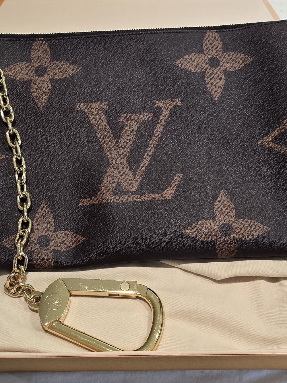 Louis Vuitton Brown Monogram Canvas Pochette Clés XL with Gold Chain